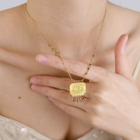 Colliers pendentifs rétro œil de diable pour femmes, en acier inoxydable étanche couleur or et pierre naturelle