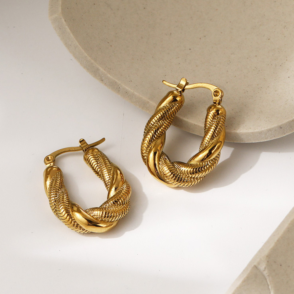 Boucles D'Oreilles Créoles Pour Femmes, Style Rétro, En Acier Titane Doré, Collection Simple Series. Image4