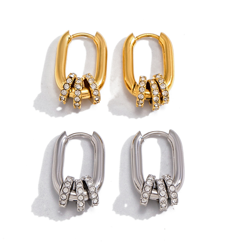 Boucles D'Oreilles Créoles Simples En Acier Inoxydable, Étanches, Couleur Or, Ornées De Strass. Image5