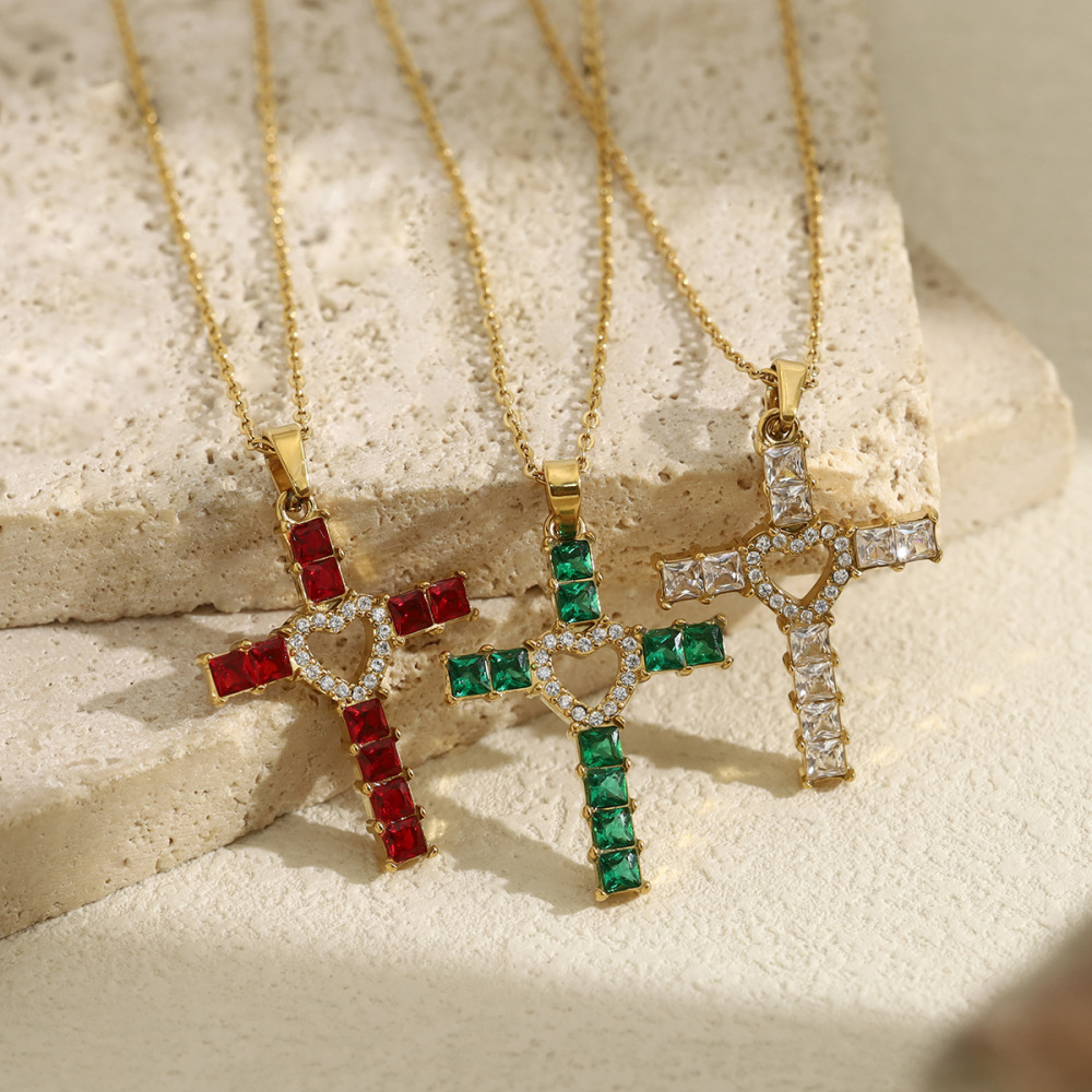 Colliers Pendentifs Pour Femmes En Forme De Croix Rétro, En Acier Inoxydable, Étanches, Couleur Or Et Zircon. h5Image3