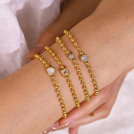 Bracelets à perles pour femmes, en acier inoxydable imperméable, couleur or, ornés de strass.