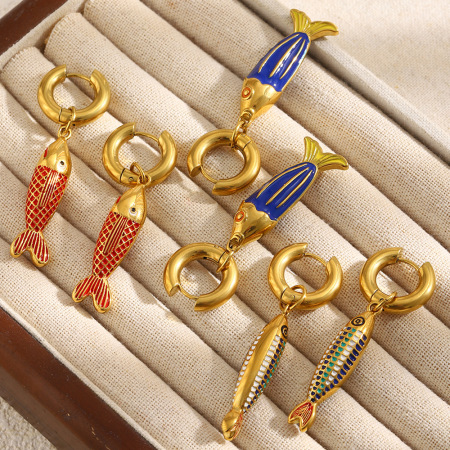 Boucles d'oreilles pendantes pour femme, en acier inoxydable, couleur or, en forme de poisson, étanches. 2