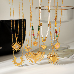 Colliers Pendentifs Rétro En Forme De Cœur Et De Soleil, En Acier Inoxydable Étanche, Couleur Or Et Zircon, Pour Femmes h5 Image5