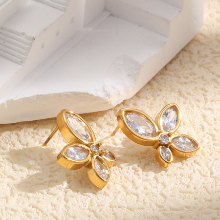Boucles d'oreilles puces pour femmes en acier inoxydable, forme de fleur, couleur or, étanches, avec zircon. 2