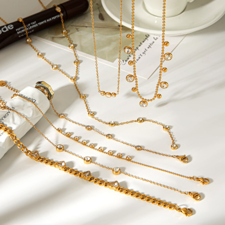 Colliers à maillons simples pour femmes, en acier inoxydable, étanches, couleur or, avec zircon.