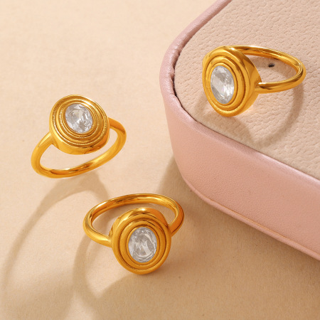 Bague pour femme Simple Daily Circle en acier inoxydable étanche couleur or avec zircon et pierre précieuse 2