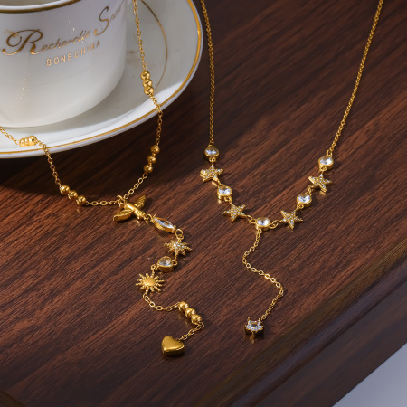 Collier pendentif femme luxueux et élégant en acier inoxydable, couleur or, avec zircon et chaîne étoile. 2