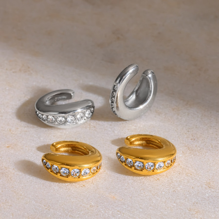 Boucles d'oreilles manchette pour femmes en acier inoxydable étanche, couleur or, ornées de strass