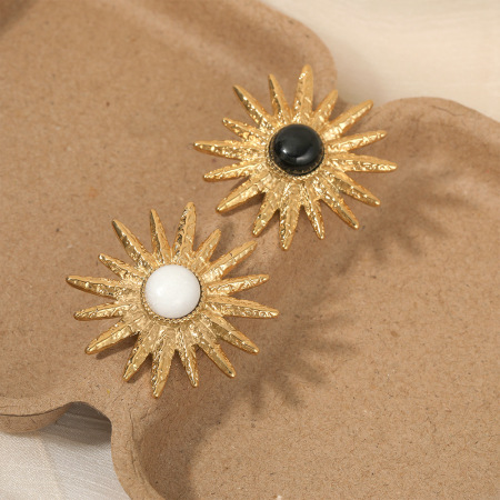 Broches rétro soleil en acier inoxydable doré et pierre naturelle 2