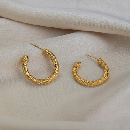 Boucles d'oreilles créoles rétro pour femmes, en acier inoxydable imperméable, couleur or, motif martelé.