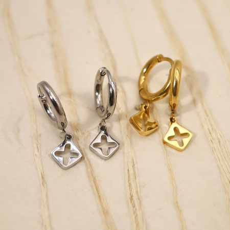 Boucles d'oreilles pendantes pour femme, en acier inoxydable, couleur or, avec croix simple.