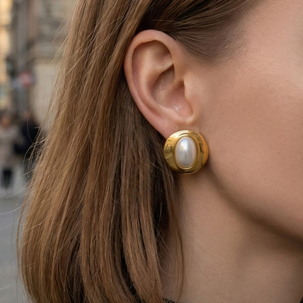 Boucles D'Oreilles Puces Simples En Acier Inoxydable Étanche Couleur Or Avec Perles Pour Femmes Image2