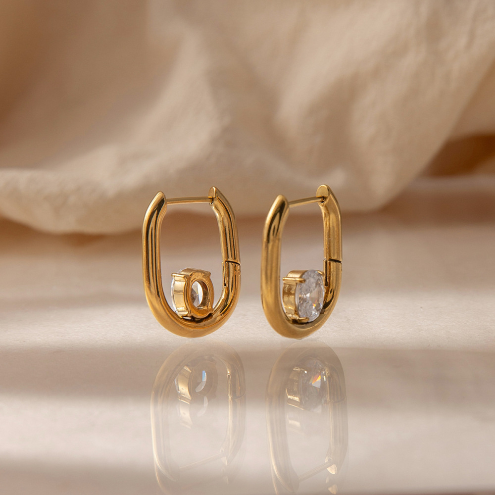 Boucles D'Oreilles Créoles Pour Femmes En Acier Inoxydable Étanche Couleur Or Avec Zircon, Motif Goutte D'Eau Image3