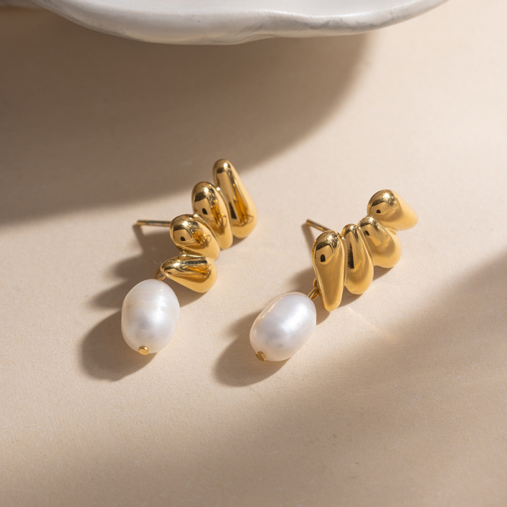 Boucles D'Oreilles Pendantes Élégantes Pour Femmes, En Acier Inoxydable Étanche, Couleur Or, Avec Perles. Image2