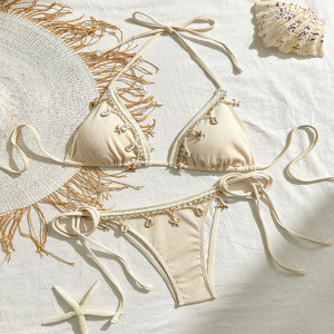 Ensemble Bikini En Polyester Extensible Uni Avec Pendentif Coquillage, Prêt Pour Les Vacances h5 