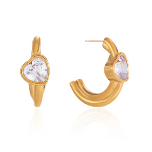 Boucles D'Oreilles Puces Pour Femmes, En Acier Inoxydable, Couleur Or, Avec Zircon Et Motif Cœur Simple. h5 Image5