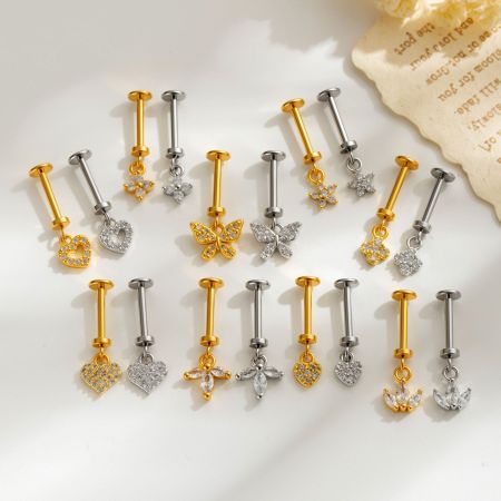 Boucles d'oreilles piercing femme en forme de papillon, couleur cuivre doré, zircon, motif fleur 2