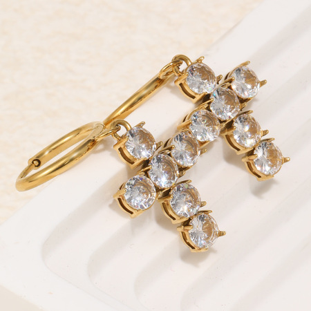 Boucles d'oreilles pendantes pour femme, en acier inoxydable, couleur or, avec zircon et croix simple. 2