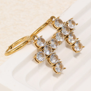 Boucles D'Oreilles Pendantes Pour Femme, En Acier Inoxydable, Couleur Or, Avec Zircon Et Croix Simple. h5 Image3