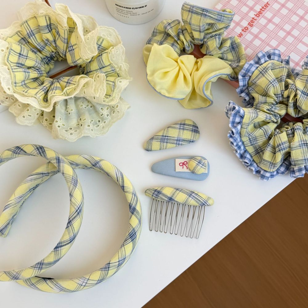 Chouchous Pour Femmes En Tissu À Carreaux Jaunes Romantiques Image4