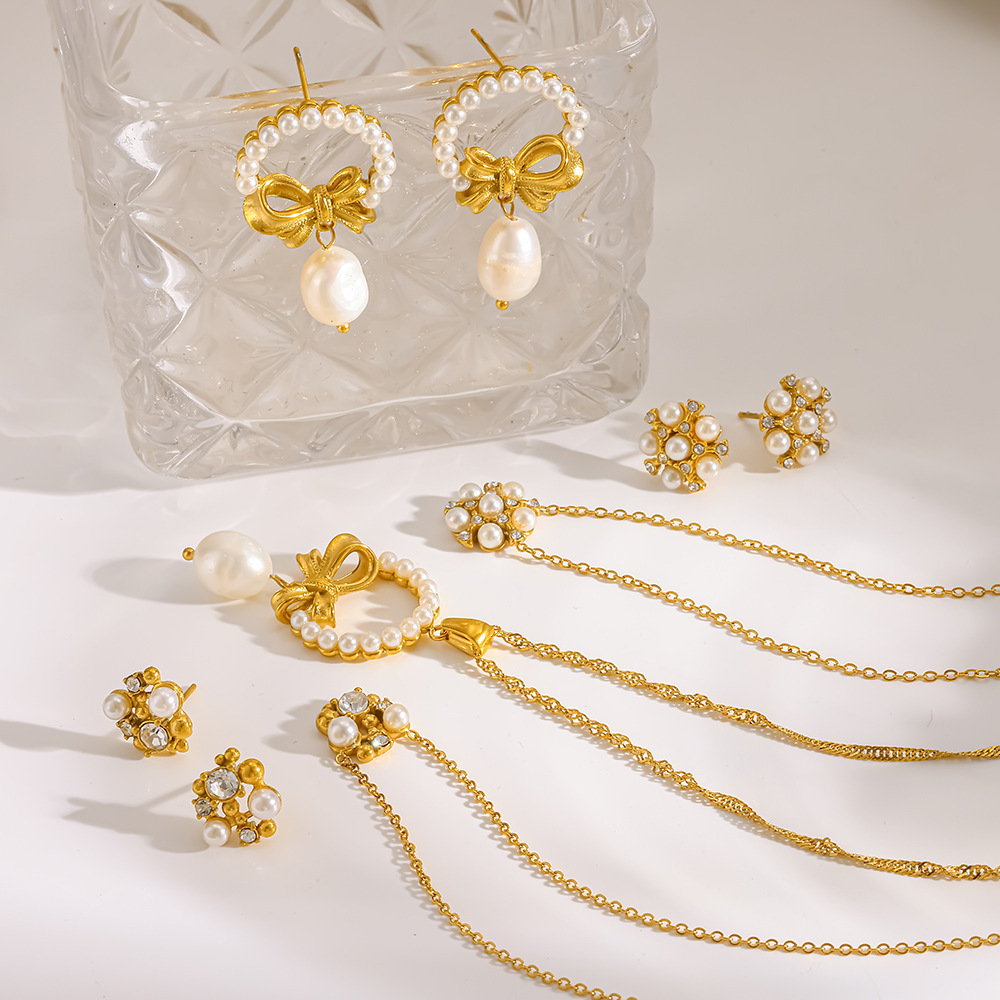 Ensembles De Bijoux Pour Femmes Luxueux Et Élégants, Ornés D'Un Nœud Papillon, En Acier Inoxydable Imperméable, Couleur Or, Zircon Et Perles Artificielles. h5Image3