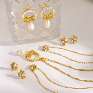 Ensembles De Bijoux Pour Femmes Luxueux Et Élégants, Ornés D'Un Nœud Papillon, En Acier Inoxydable Imperméable, Couleur Or, Zircon Et Perles Artificielles. h5 Image3