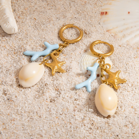 Boucles d'oreilles pendantes pour femme en forme d'étoile de mer, en acier inoxydable étanche, couleur or, motif coquillage. 2
