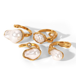 Bagues Pour Femmes En Acier Inoxydable De Forme Irrégulière Rétro, Étanches, Couleur Or, Zircon Et Perle. h5 Image6