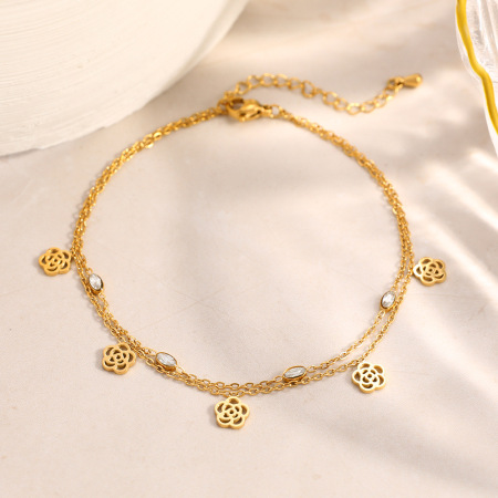 Bracelet de cheville élégant en acier inoxydable imperméable couleur or avec strass et motif floral 2