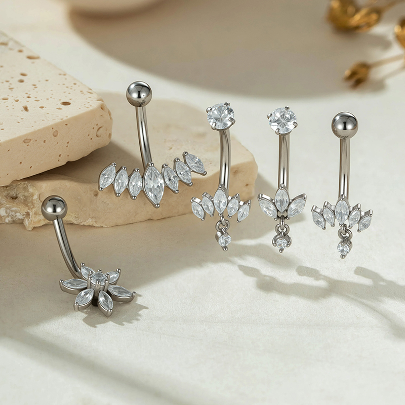 Piercing Nombril En Acier Inoxydable Étanche Couleur Or Avec Zircon Et Motif Floral h5Image5