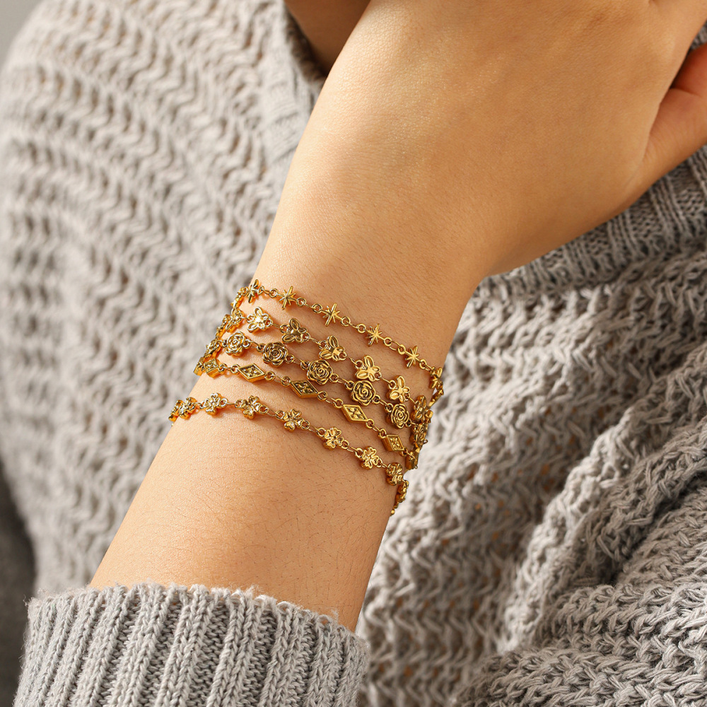 Bracelet Chaîne Pour Femme Simple Series Daily Flower En Acier Inoxydable Étanche Couleur Or h5Image4