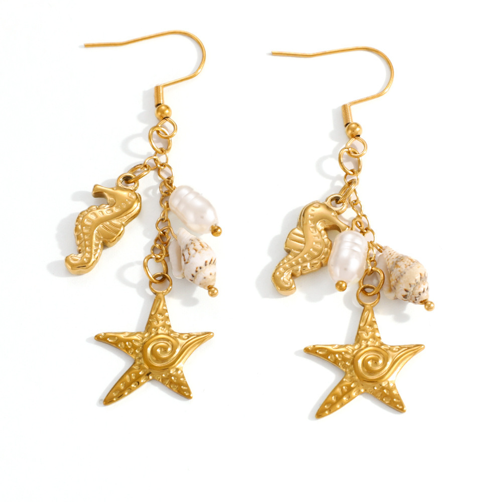 Boucles D'Oreilles Pendantes Pour Femme En Forme D'Étoile De Mer, En Acier Inoxydable Étanche, Couleur Or, Motif Coquillage. Image5