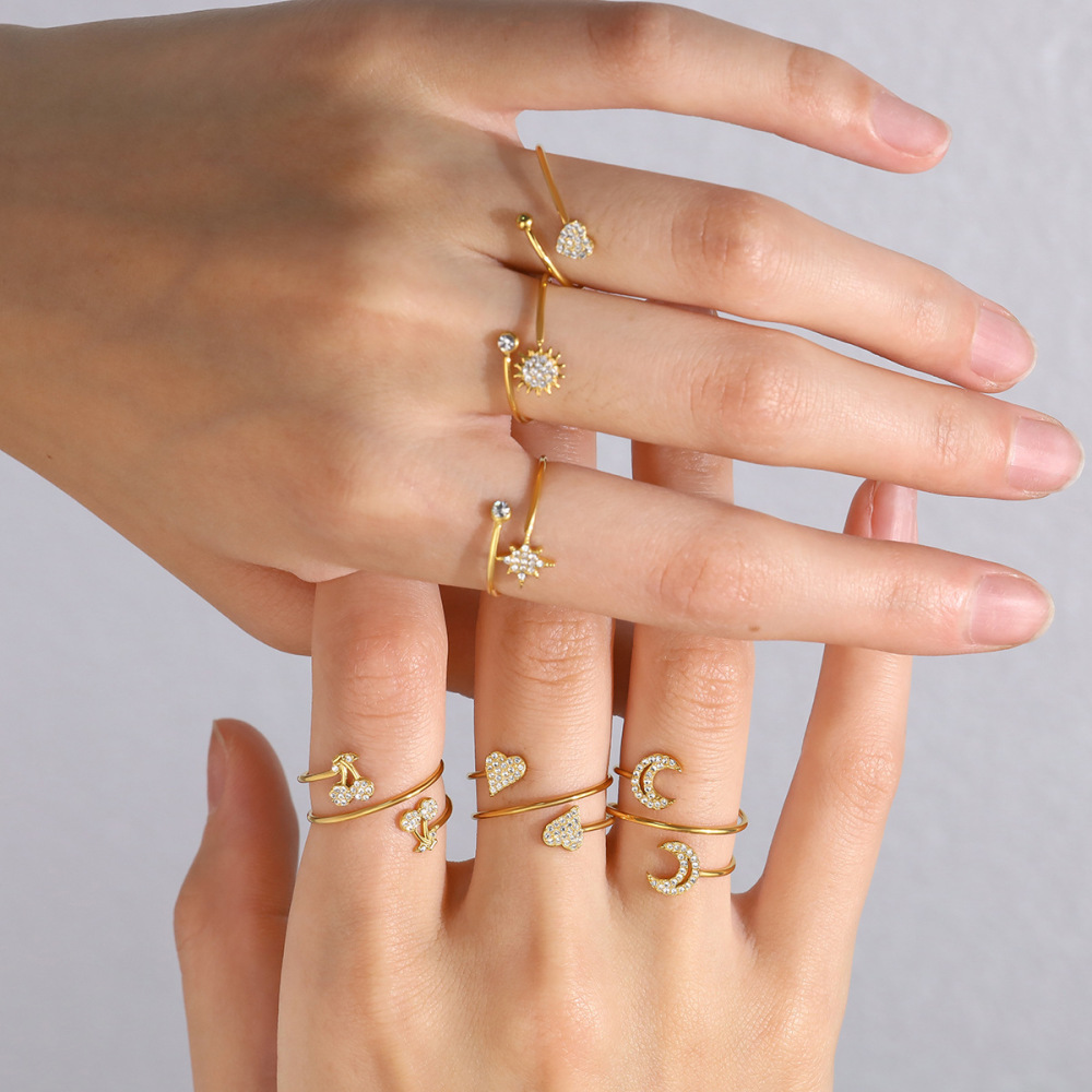 Bagues Pour Femmes En Acier Inoxydable Étanche, Couleur Or, En Forme De Soleil, D'Étoile Et De Lune, Ornées De Strass Et De Pierres Précieuses. Image3
