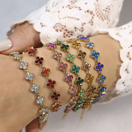 Bracelet chaîne femme en acier inoxydable doré, orné de strass et de fleurs romantiques