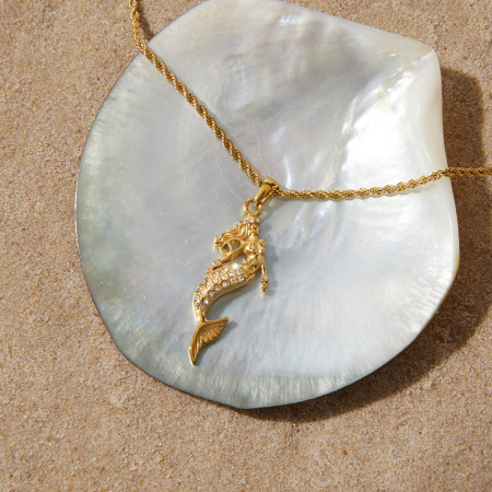 Colliers pendentifs pour femmes en acier inoxydable, couleur or, ornés d'un zircon et ornés d'une sirène de vacances