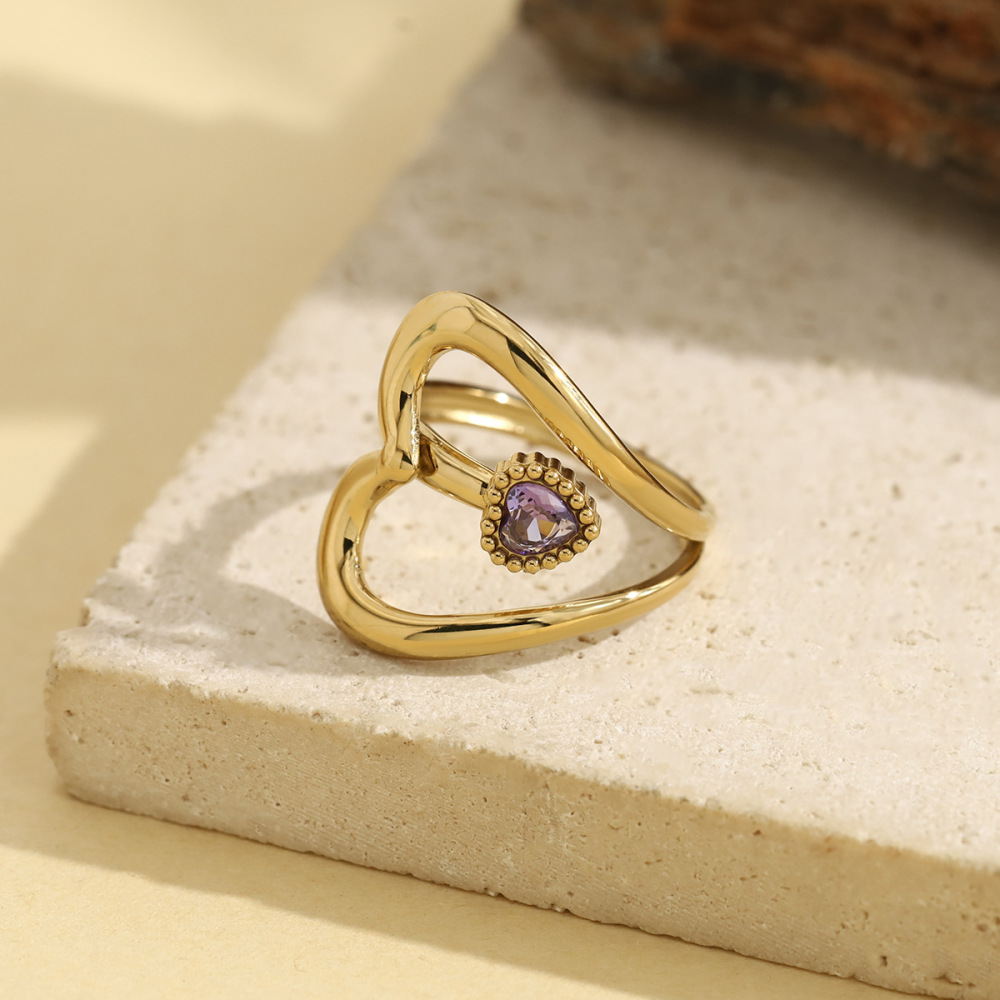 Bague Pour Femme En Acier Inoxydable Doré, Ornée D'Un Zircon Et Sertie D'Un Cœur Simple. Image4