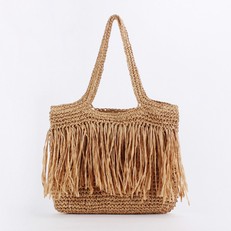 Sac fourre-tout femme en papier tissé uni à pompons style vacances