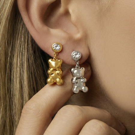 Boucles d'oreilles pendantes pour femme, en acier inoxydable, imperméables, couleur or, avec zircon et motif ours mignon 2