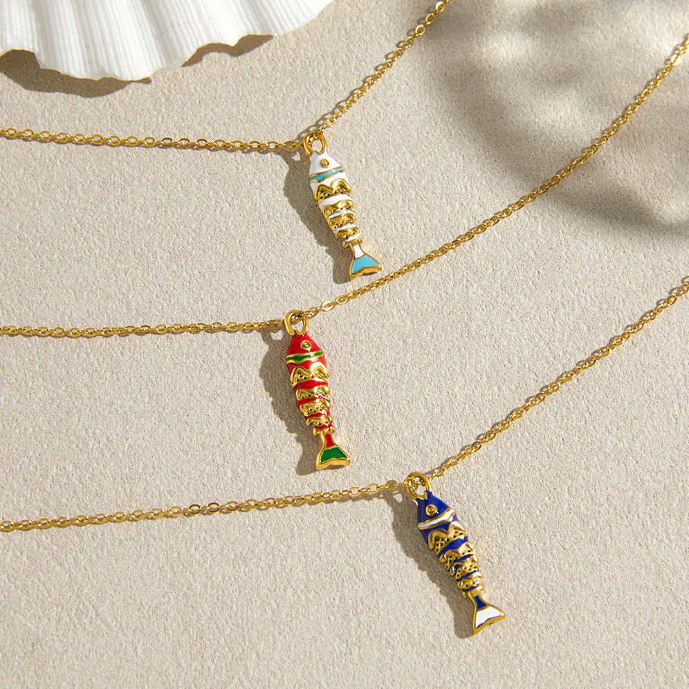 Colliers Pendentifs Pour Femmes En Acier Inoxydable, Couleur Or, Motif Poisson Émaillé, Motif Vacances Image2