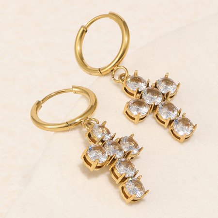 Boucles d'oreilles pendantes pour femme, en acier inoxydable, couleur or, avec zircon et croix simple.