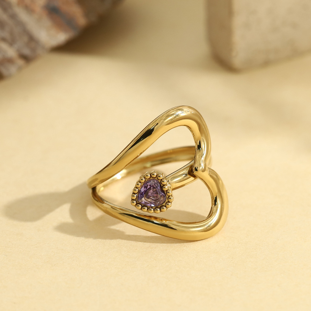 Bague Pour Femme En Acier Inoxydable Doré, Ornée D'Un Zircon Et Sertie D'Un Cœur Simple. Image2