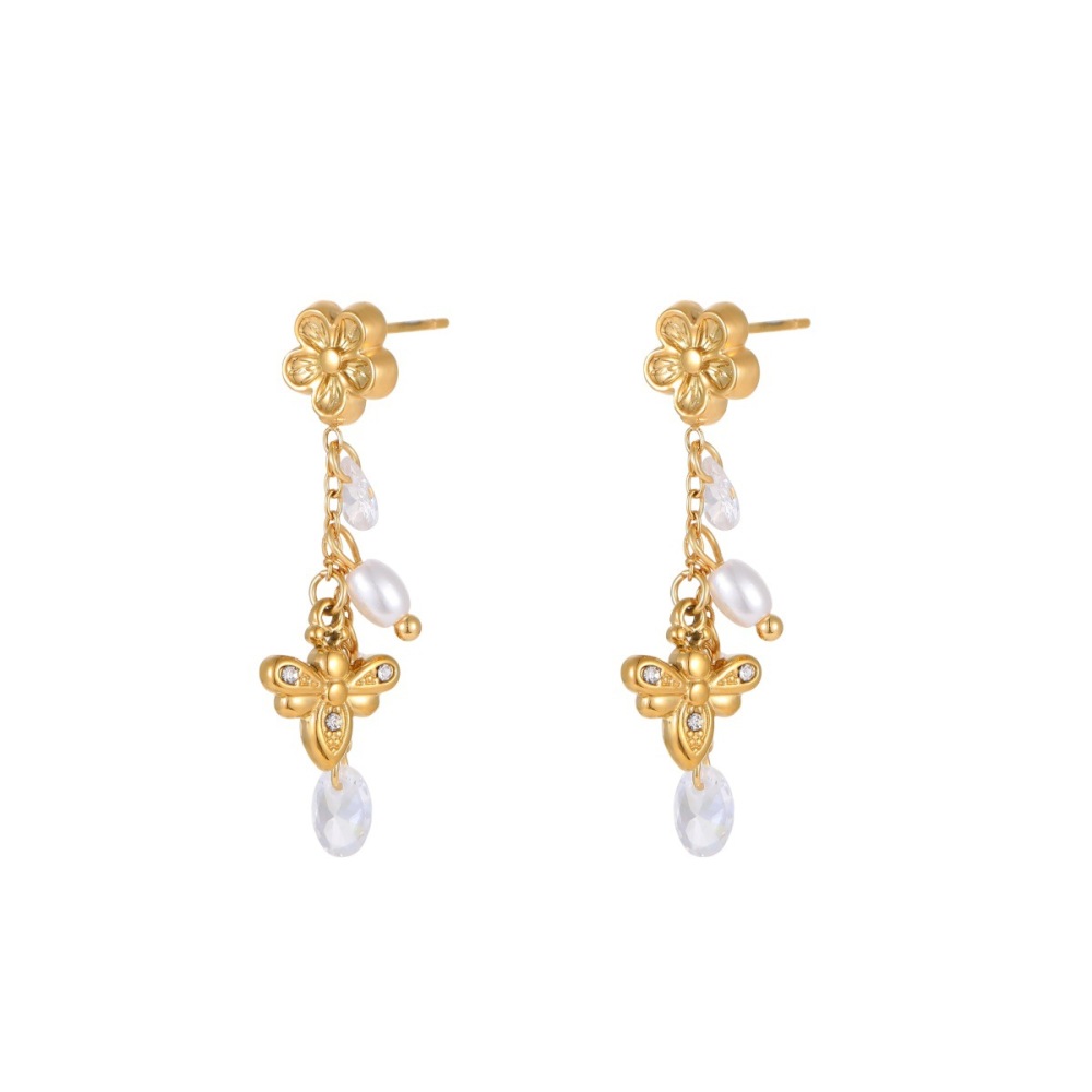 Boucles D'Oreilles Pendantes Pour Femme, Style Ailes De Fleur, En Acier Inoxydable Étanche, Couleur Or. Image5