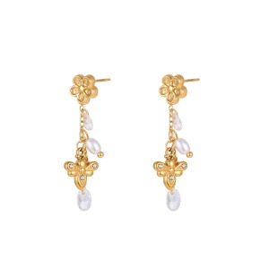 Boucles D'Oreilles Pendantes Pour Femme, Style Ailes De Fleur, En Acier Inoxydable Étanche, Couleur Or. h5 Image5