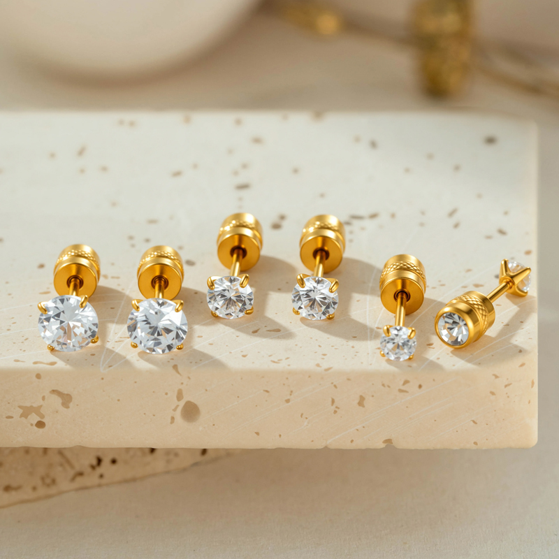 Boucles D'Oreilles Piercing Pour Femme, Luxueuses, Simples, Géométriques, En Acier Inoxydable, Étanches, Couleur Or, Avec Zircon. Image3
