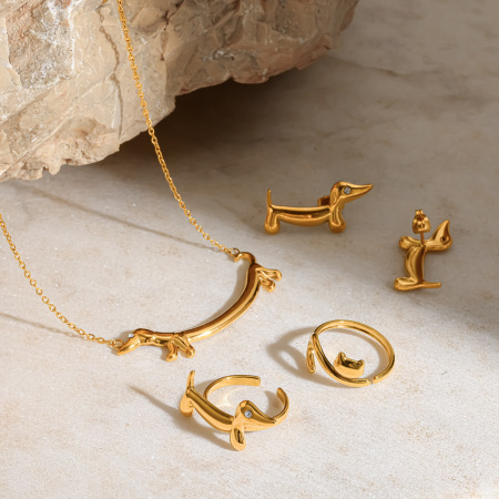 Ensembles de bijoux pour femmes en acier inoxydable imperméable en forme de chien mignon, couleur or, ornés de strass