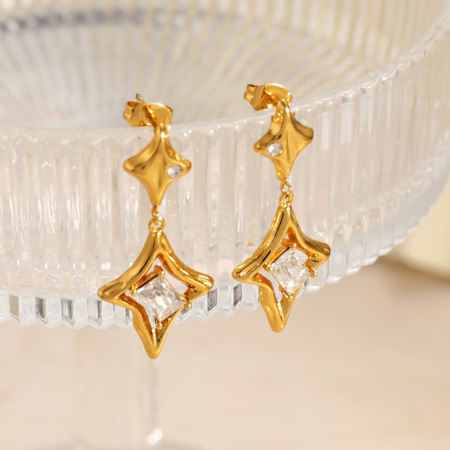 Boucles d'oreilles pendantes pour femme, en acier inoxydable imperméable, couleur or, avec zircon, motif étoile simple 2