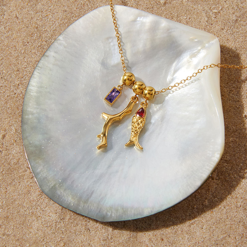 Colliers Pendentifs Pour Femmes En Acier Inoxydable, Couleur Or, Avec Zircon Et Motif Poisson De Vacances Image3