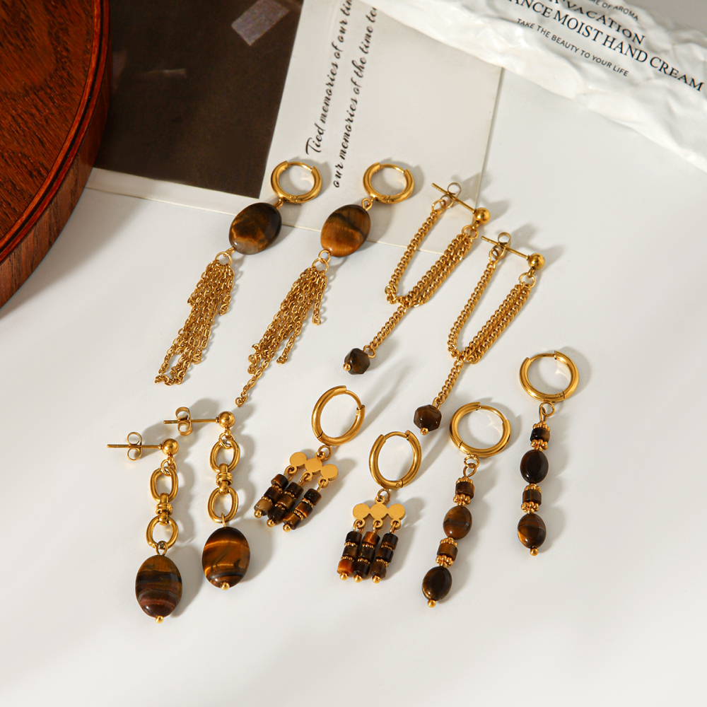 Boucles D'Oreilles Pendantes Pour Femme, En Acier Inoxydable, Imperméables, Couleur Or, Avec Pampilles Et Pierres Naturelles. Image6