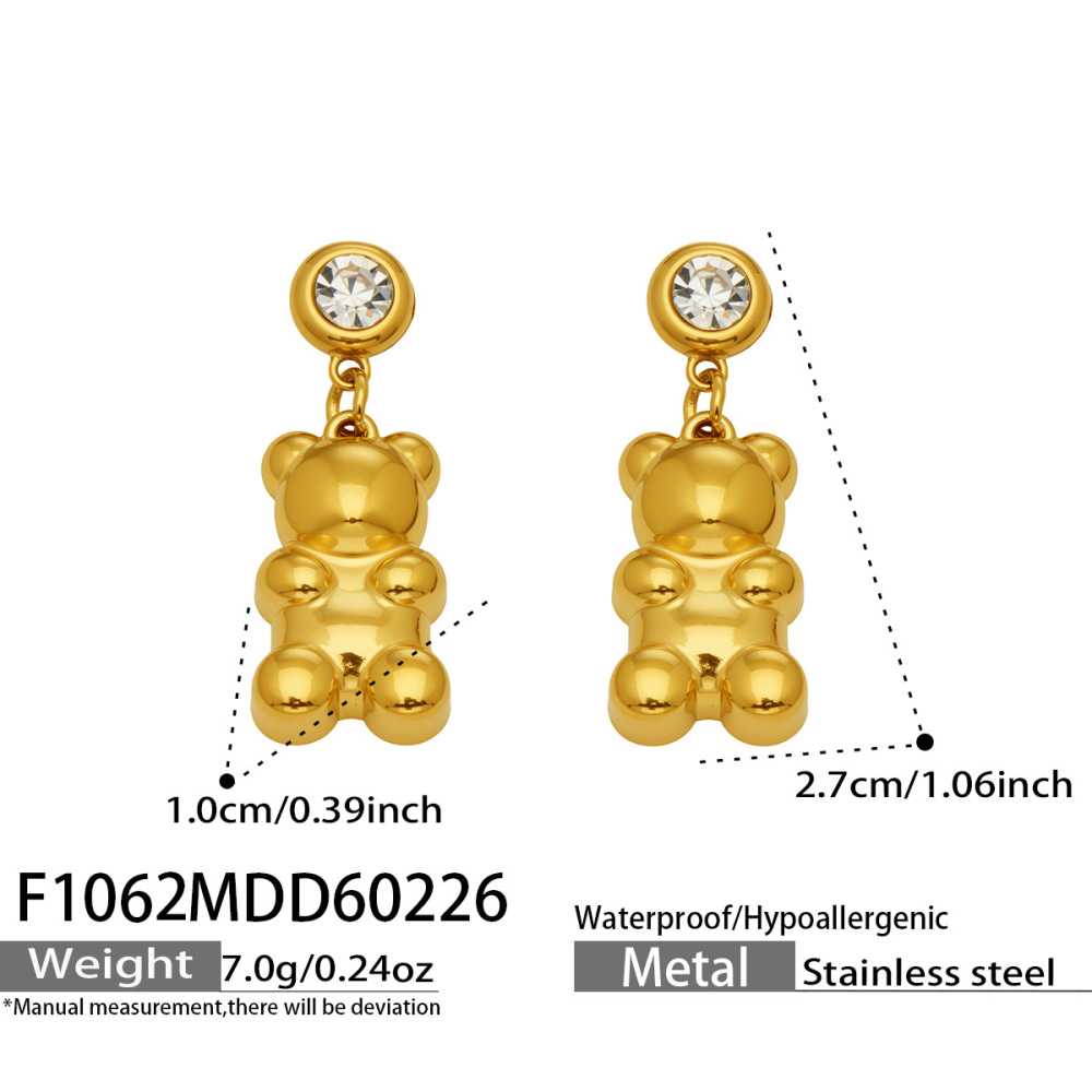 Boucles D'Oreilles Pendantes Pour Femme, En Acier Inoxydable, Imperméables, Couleur Or, Avec Zircon Et Motif Ours Mignon 