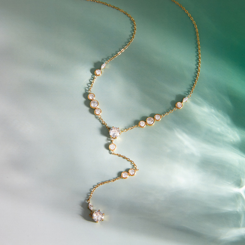 Colliers Pendentifs Pour Femmes En Acier Inoxydable Étanche, Couleur Or, En Forme De Y, Avec Zircon. Image2